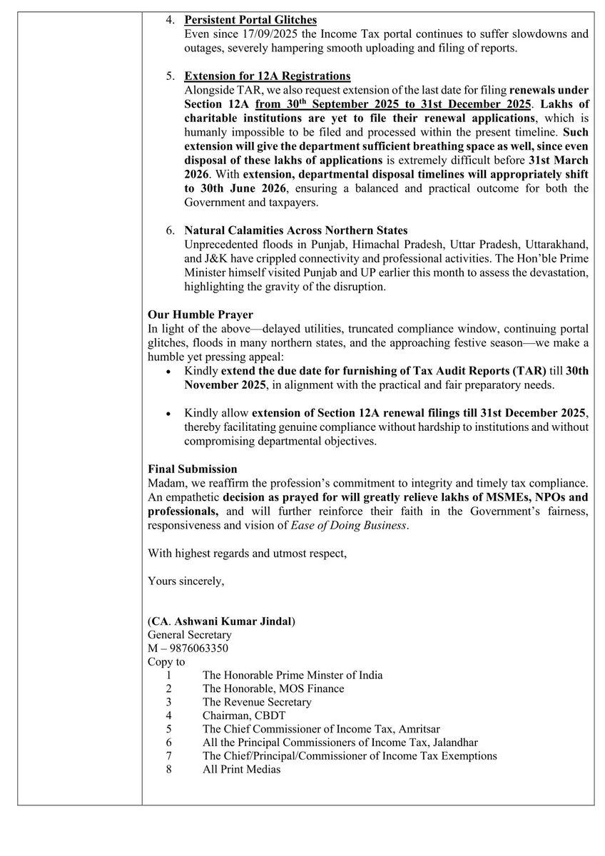 cajindal's tweet image. @FinMinIndia @PMOIndia @PMO_NaMo @nsitharamanoffc @nsitharaman @narendramodi @IncomeTaxIndia Request for Extension of Due Dates for Tax Audit Reports &amp;amp; 12A Renewals in light of Utsav Mahotsav, Delayed Non-Audit ITRs, Portal Glitches, Natural Calamities and Upcoming Festive Season