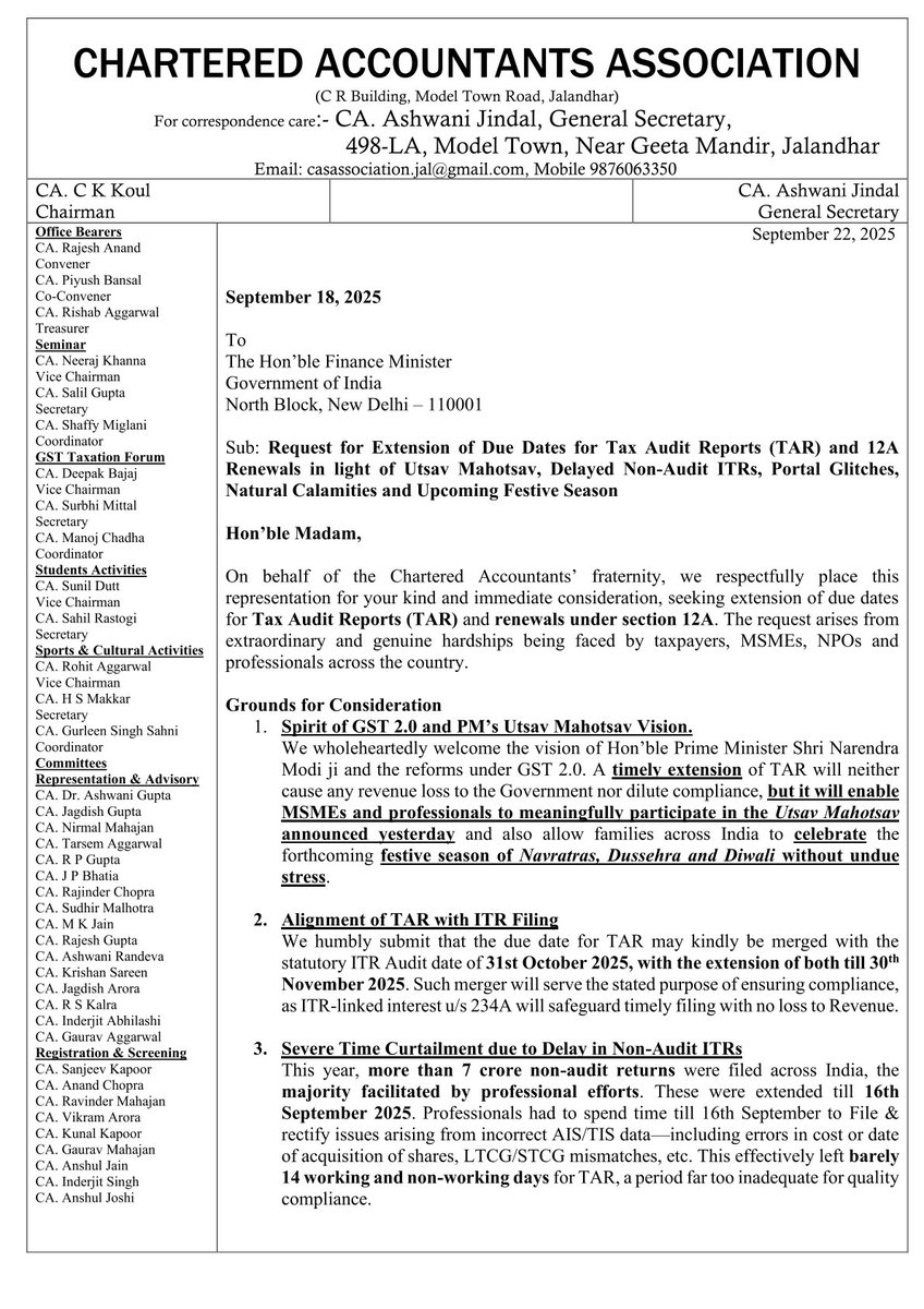 cajindal's tweet image. @FinMinIndia @PMOIndia @PMO_NaMo @nsitharamanoffc @nsitharaman @narendramodi @IncomeTaxIndia Request for Extension of Due Dates for Tax Audit Reports &amp;amp; 12A Renewals in light of Utsav Mahotsav, Delayed Non-Audit ITRs, Portal Glitches, Natural Calamities and Upcoming Festive Season