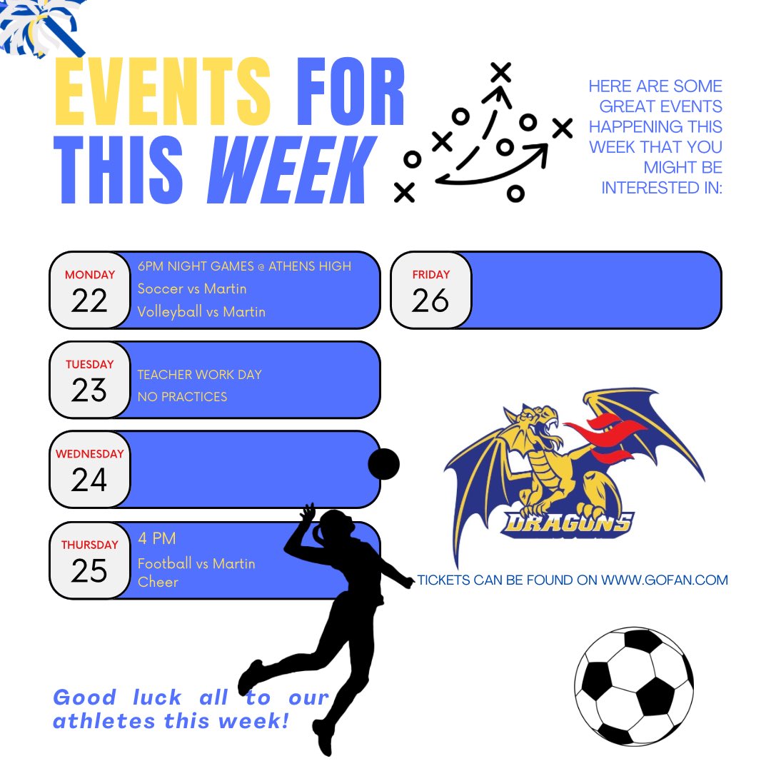 Exciting week of sports this week!
Both Soccer and Volleyball play their night game @ Athens Drive High School!