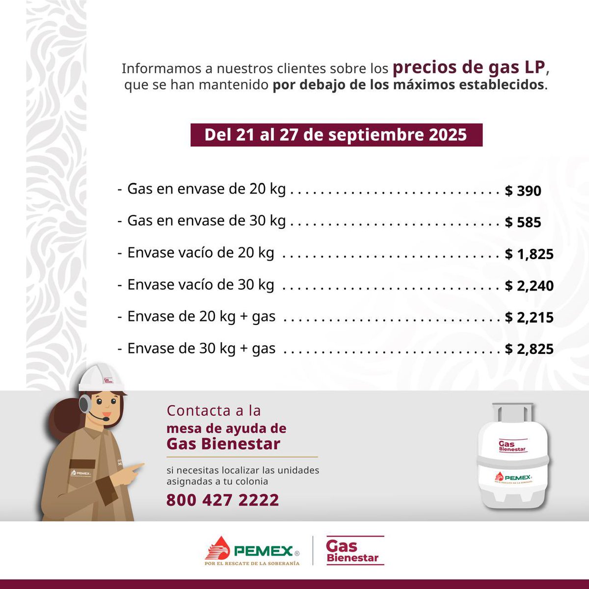 Precios de #GasBienestar vigentes en la Ciudad de México del 21 al 27 de septiembre 2025