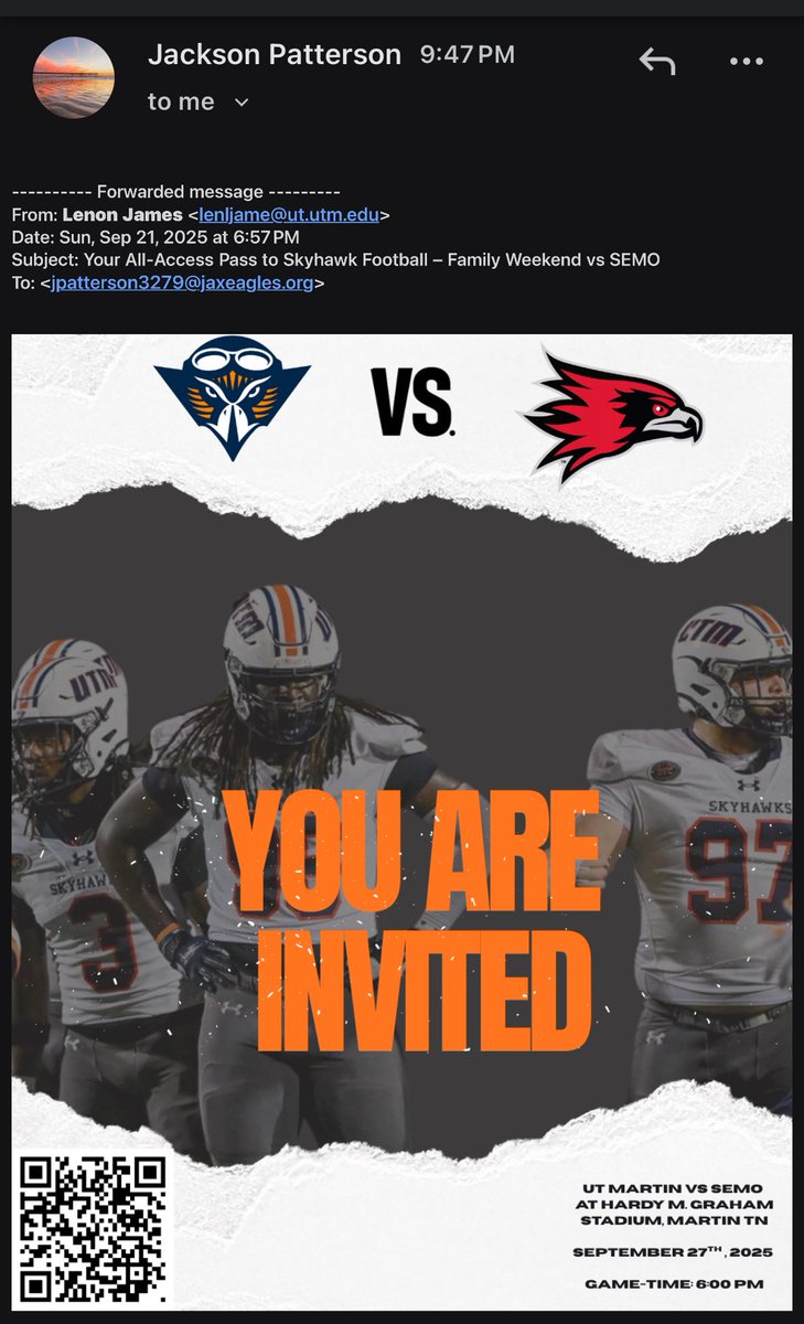 Jackson Patterson (@jackpatt58) on Twitter photo <a href="/UTM_FOOTBALL/">UT Martin Football</a>  Thank  you for the game day invite! <a href="/jsully656565/">Coach Sullivan</a> <a href="/CoachBO__/">Brian Owens</a> <a href="/_THayes/">Taylor Hayes</a> <a href="/Jville_Football/">Jacksonville Football</a> <a href="/UTM_FOOTBALL/">UT Martin Football</a>  Thank  you for the game day invite! <a href="/jsully656565/">Coach Sullivan</a> <a href="/CoachBO__/">Brian Owens</a> <a href="/_THayes/">Taylor Hayes</a> <a href="/Jville_Football/">Jacksonville Football</a>