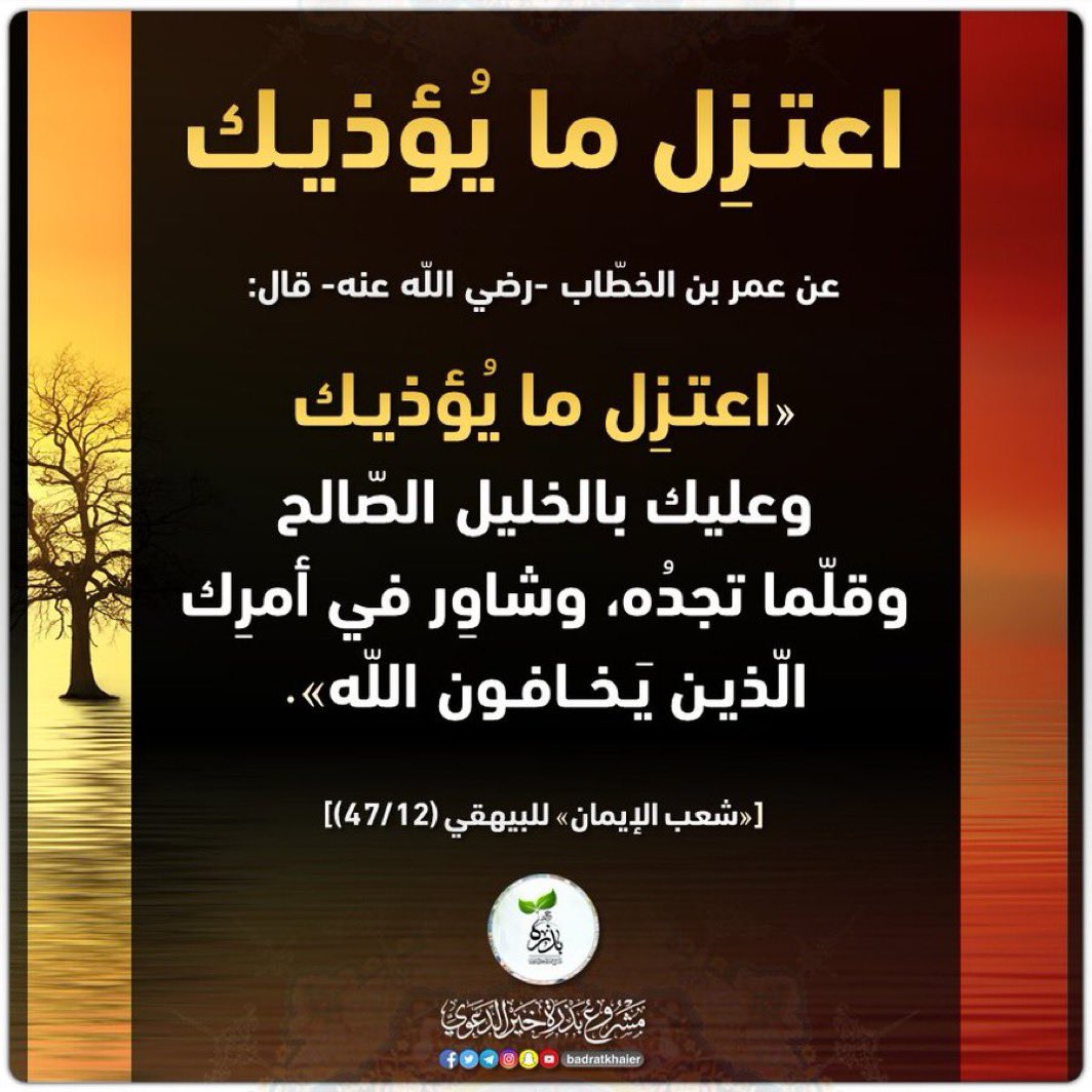 وصايا أمير المؤمنين الفاروق عمر بن الخطاب رضي الله عنه:

"اعتزل مايؤذيك 

وعليك بالخليل الصالح وقلما تجده 

وشاور في أمرك الذين يخافون الله سبحانه " .

رواه البيهقي في الشعب ( 12 / 47 )