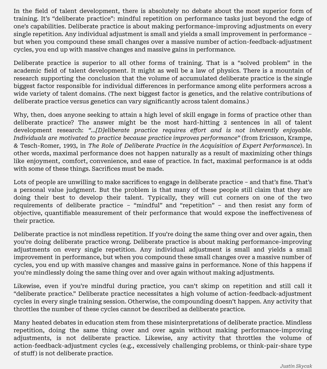 This really hit home for me - deliberate intentional practice - repetitive, conscious, intentional! Perfect for work, the gym, and Civilization 6. ;) 

H/t - <a href="/justinskycak/">Justin Skycak</a>