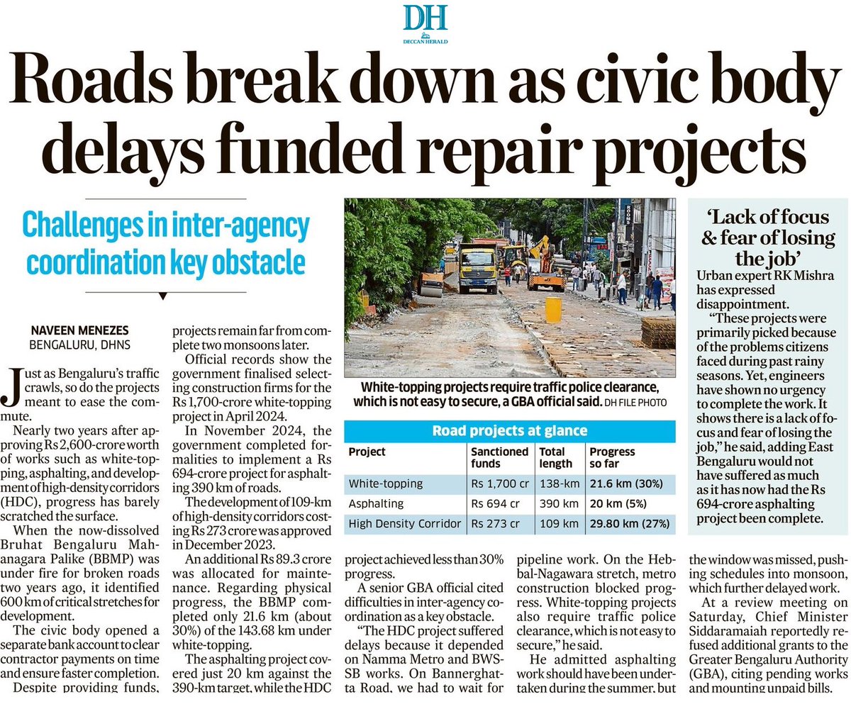 naveenmzs's tweet photo. In BBMP/GBA-style governance, tendering seems more rewarding than completing projects.

This 👇🏼 data story is a clear indicator 

Two years on, the Rs 2,600-cr road works are far from complete, clocking just less than 30% progress

@cskarnataka https://t.co/dtc164IpaX