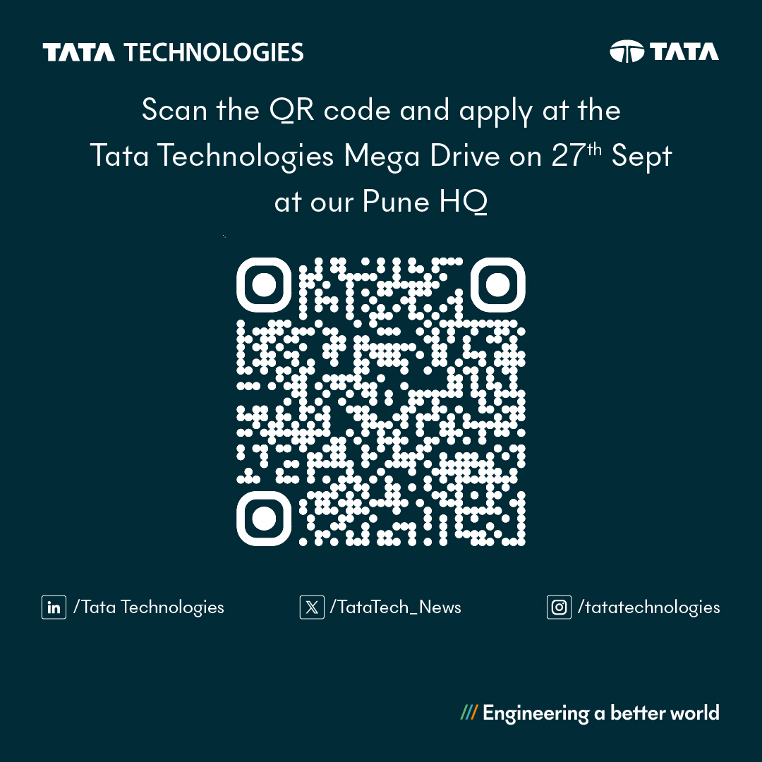 TataTech_News's tweet image. #AutomotiveEngineering - 🚗 100+ opportunities available. Walk in with your skills and walk out with an offer.

We&apos;ve a mega walk-in drive on 27 Sept at our Pune HQ, Venue - goo.gl/maps/jBmwtCrqM…

Tata Technologies is actively seeking talented innovators who are eager to pursue…