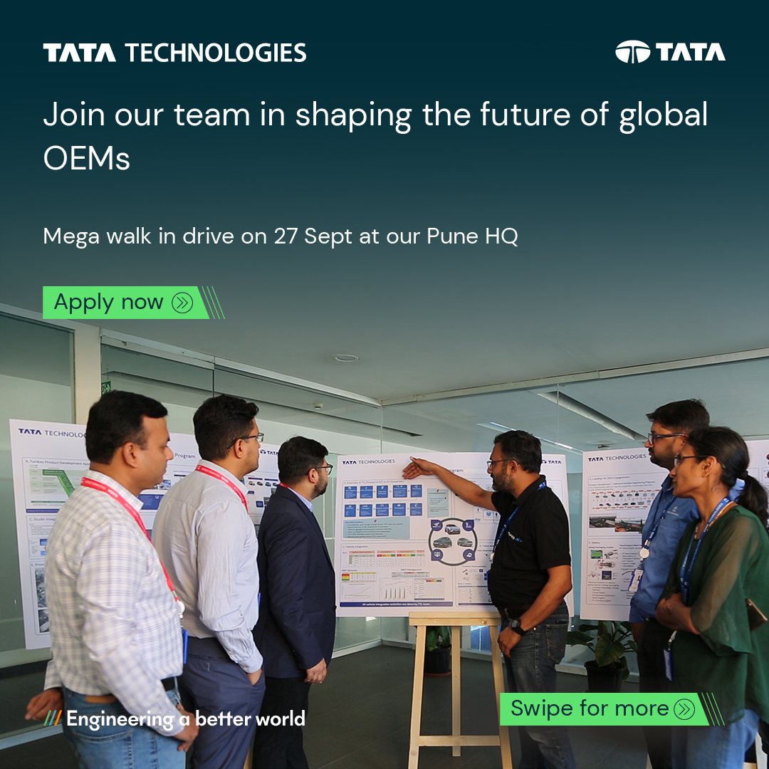 TataTech_News's tweet image. #AutomotiveEngineering - 🚗 100+ opportunities available. Walk in with your skills and walk out with an offer.

We&apos;ve a mega walk-in drive on 27 Sept at our Pune HQ, Venue - goo.gl/maps/jBmwtCrqM…

Tata Technologies is actively seeking talented innovators who are eager to pursue…