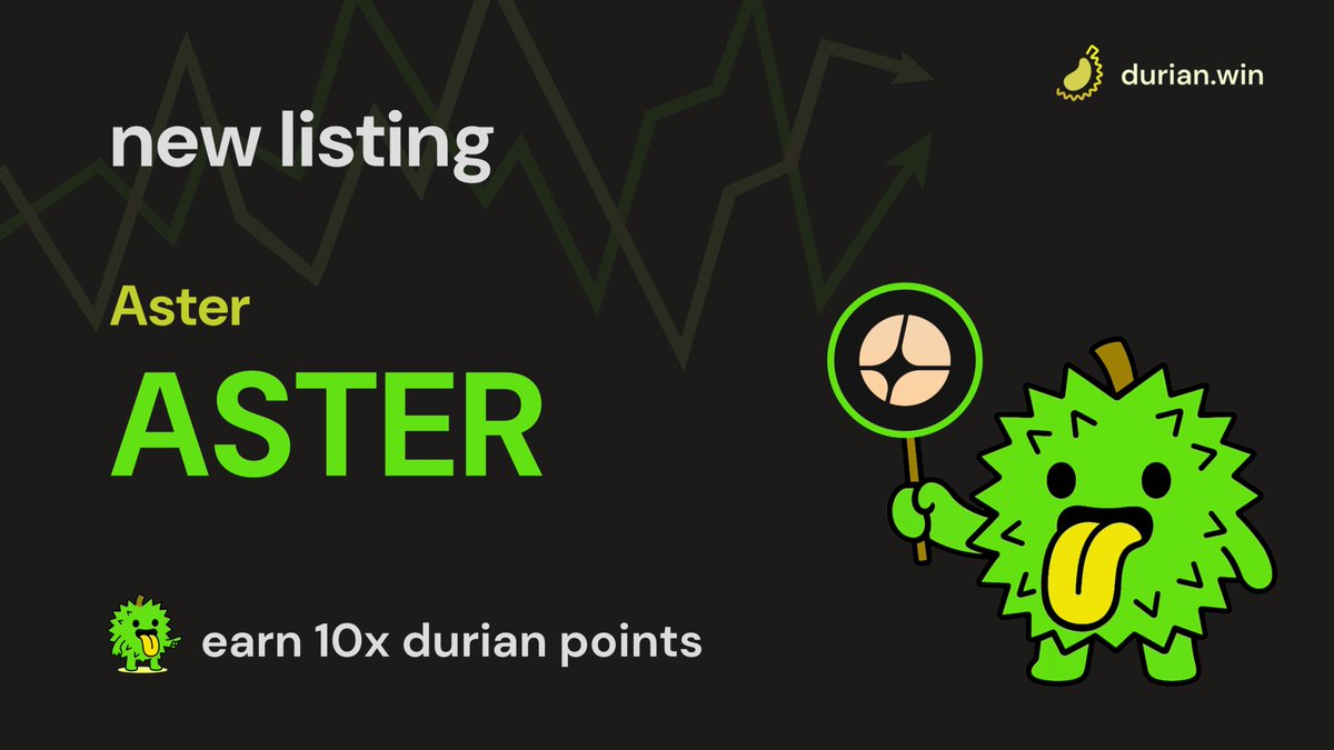 durianwin's tweet image. A few days ago we added @Aster_DEX as execution venue for durian.

Now ASTER/USD just dropped on the durian app!

⏫listing boost
long/short $ASTER perps for 10x durian points with up to 20x leverage. available for 3 days only.