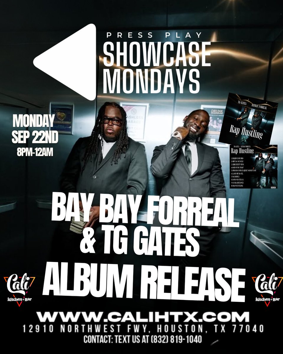 🎶 PRESS PLAY SHOWCASE MONDAYS 🎶
Every Monday we put on for the city &amp; the local artists! 💯

📀 This Monday: Album Release Party for Bay Bay Forreal &amp; TG Gates – Rap Hustling 🔥
⏰ 8PM–12AM | 🎟 FREE ENTRY | 📍 CALI HTX

✨ Pull up, show love, and support the local scene!