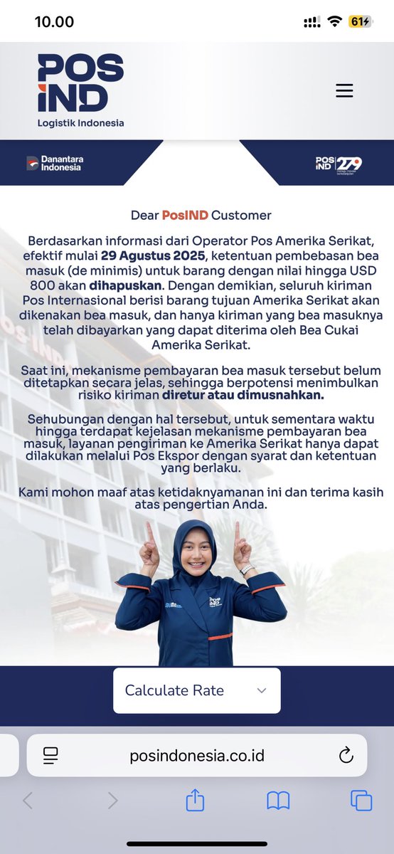 albertkanari's tweet photo. @PosIndonesia ini saya bisa tau cara perhitungan bea masuknya bagaimana ya ? dikarenakan kantor pos besar cabang surabaya tidak bisa di telpon, kalo saya ke sana tanya bolak balik tidak efisien waktu. Terima kasih https://t.co/4WGazqp5TR