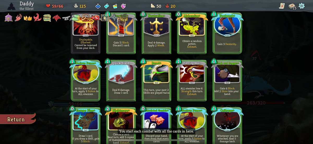 manapool's tweet image. Finally beat A20 Slay the Spire with this Silent deck that can get infinite block.