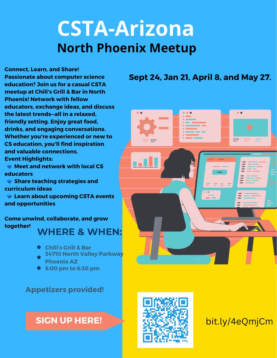 🚀 Calling all CS educators!
Join us for the CSTA-Arizona North Phoenix Meetup 🎉
📍 Chili’s Grill &amp; Bar
📅 Sept 24, Jan 21, Apr 8, May 27
⏰ 5–6:30 PM
🤝 Network • Share • Collaborate • Grow

Appetizers provided! 🍴
🔗 bit.ly/4eQmjCm

#CSTA #ComputerScienceEd #EdTech