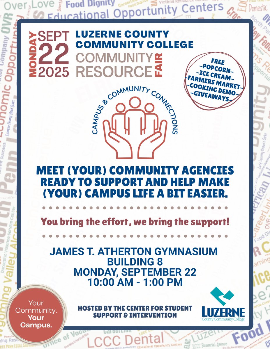 LuzerneCC's tweet image. 🚀 Level up your career and education at the Community Resource Fair tomorrow at 10:00 AM!

Don&apos;t miss out on so many opportunities and much more!

#CommunityResourceFair #LuzerneCounty #CareerGoals #StudentSuccess