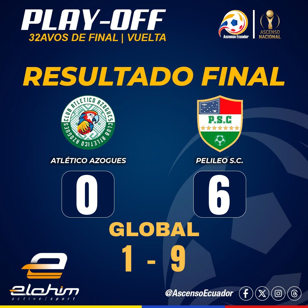 ¡Final del partido!
⚔ Atlético Azogues (0-6) Pelileo SC.
🏟 Jorge Andrade Cantos | Azogues.
⚽️ Global: 1-9
🏆 Ascenso Nacional 2025 | PLAY-OFF 🇪🇨
🗓 32vos de Final | VUELTA
#AscensoEcuador #ElohimSport