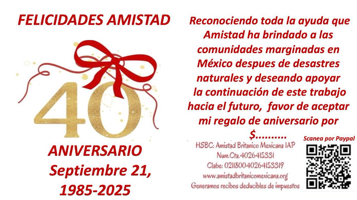AmistadBM's tweet photo. Dos días después de aquella trágica mañana del 19 de septiembre de 1985 nació nuestra asociación, como gesto de solidaridad de la comunidad británica y la sociedad civil mexicana con las víctimas.

¡Gracias por ayudarnos a continuar apoyando a comunidades afectadas por desastres! https://t.co/sqA2W0FIQa