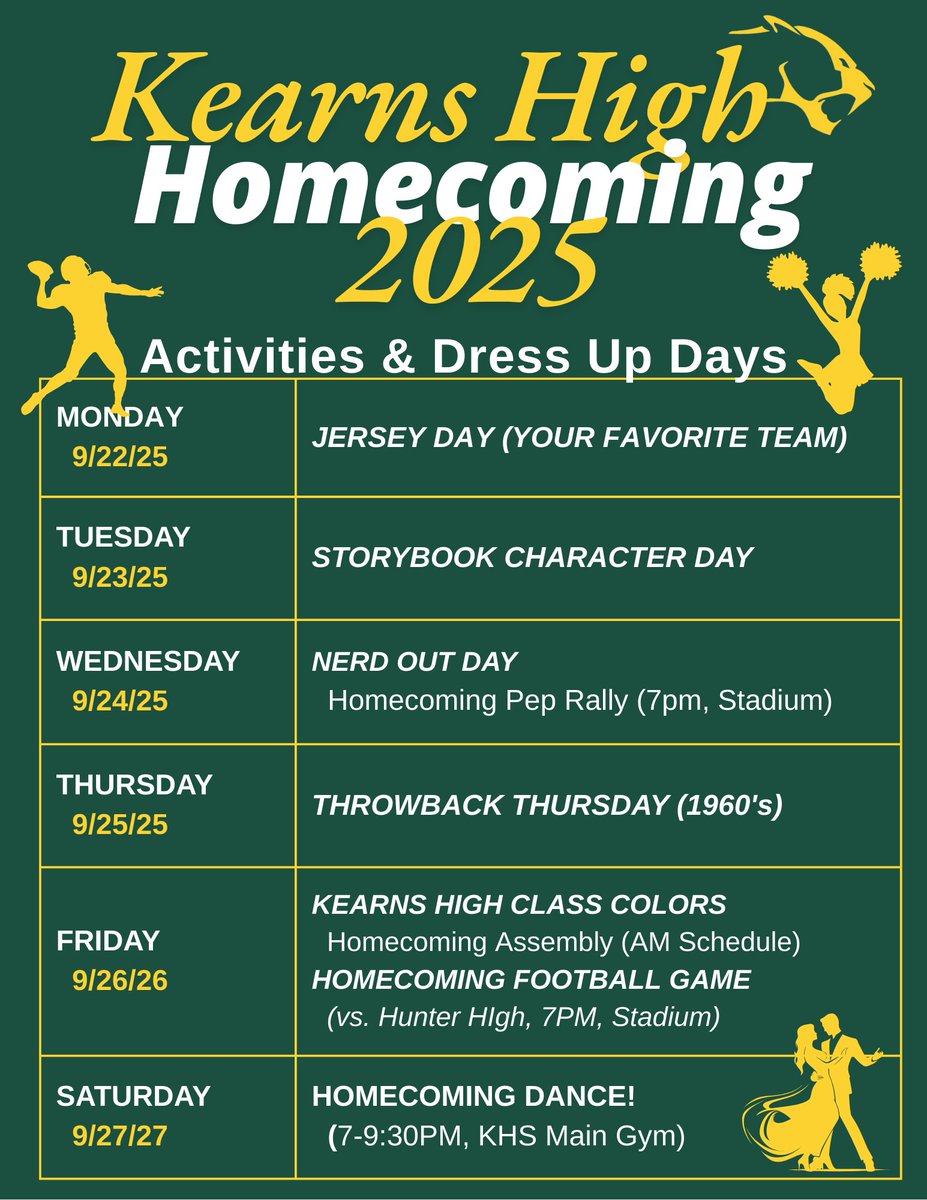 K-Town Cougars! It's Homecoming Week! Here are our dress-up days and activities for the week. Go Cougars! #we_are_kearns