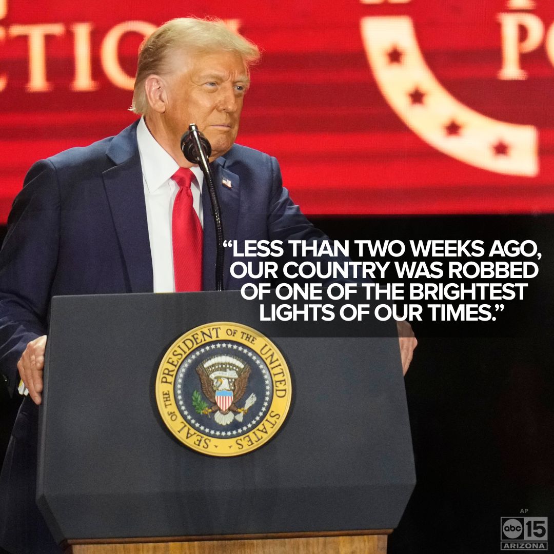 Arizona61tv's tweet photo. President Donald J. Trump delivered remarks at the public memorial for conservative activist Charlie Kirk held at State Farm Stadium in Glendale. 

Hear the President’s entire remarks: https://t.co/QM5aneRQIo https://t.co/knw7iCwunk