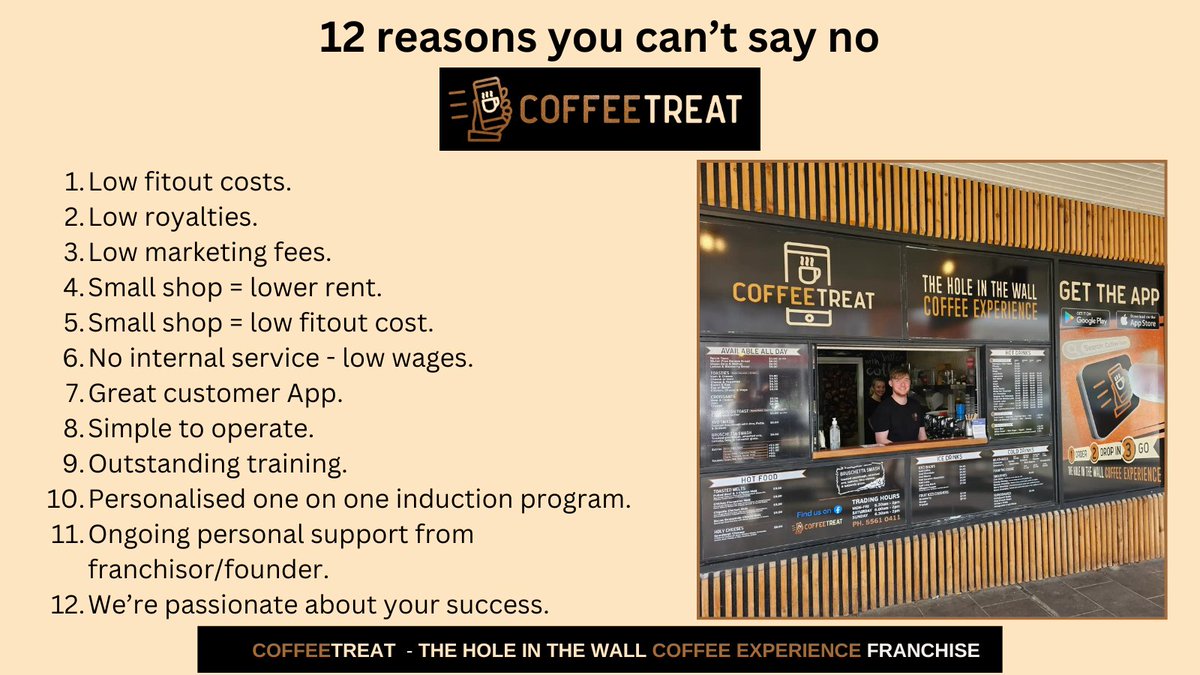 GarrawayGrant's tweet photo. 12 reasons you can’t say no to COFFEETREAT.

Low fitout costs.
Low royalties.
Low marketing fees.
Small shop = lower rent.
Small shop = low fitout cost.
No internal service - low wages.
Great customer App.
Simple to operate.
Outstanding training.
Personalised one on one induction program.
Ongoing personal support from franchisor/founder.
We’re passionate about your success.

Become a #franchisee. Let’s change lives, one cup at a time!

https://t.co/WZRpToSme3
1300 905 019

#FranchiseConsultant #Franchise #BeYourOwnBoss