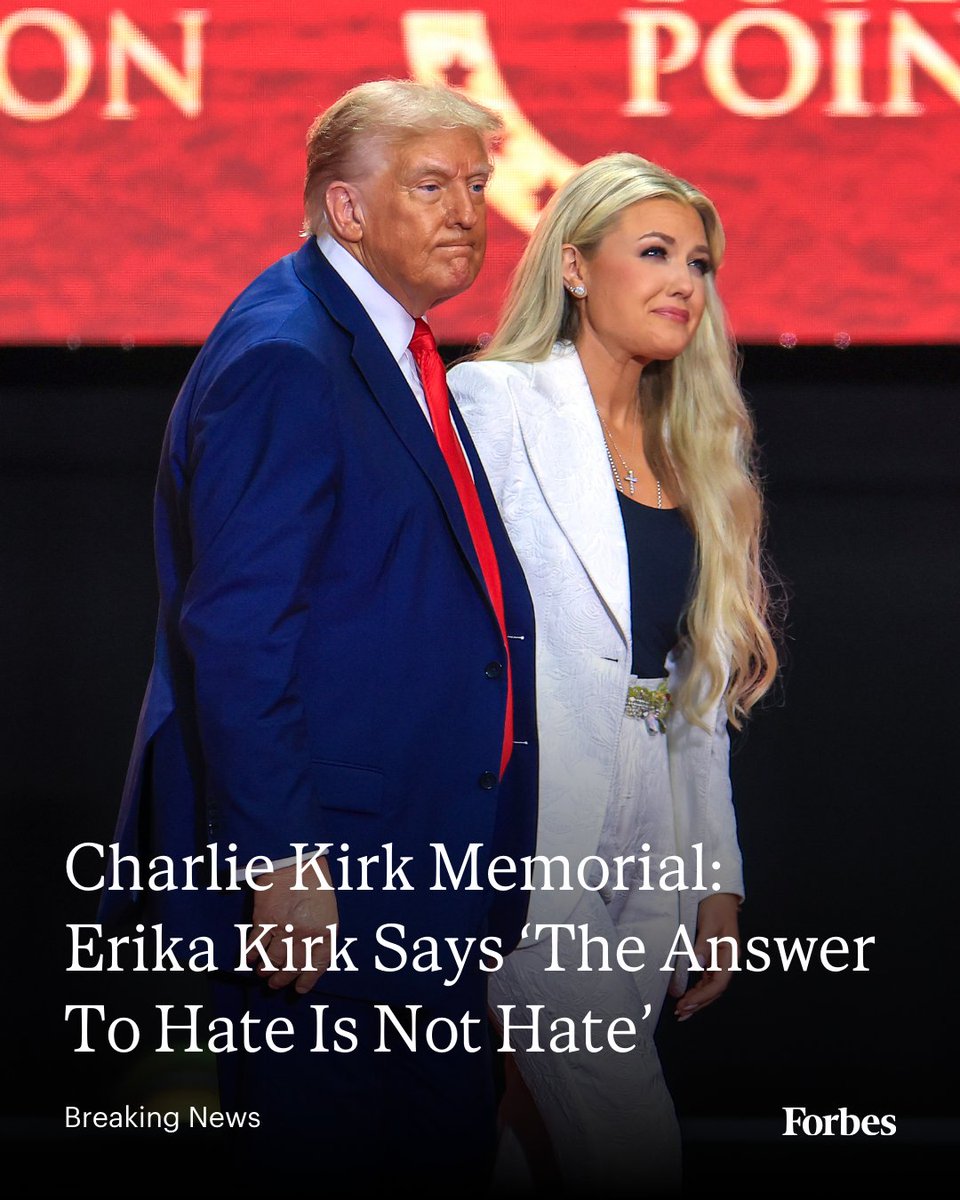 In an emotional moment at Charlie Kirk's memorial, Erika Kirk said she forgave her husband’s murderer. “The answer we know from the gospel is love and always love, love for our enemies and love for those who persecute us.” trib.al/LoTkZ2Y (Photo: Joe Raedle/Getty Images)