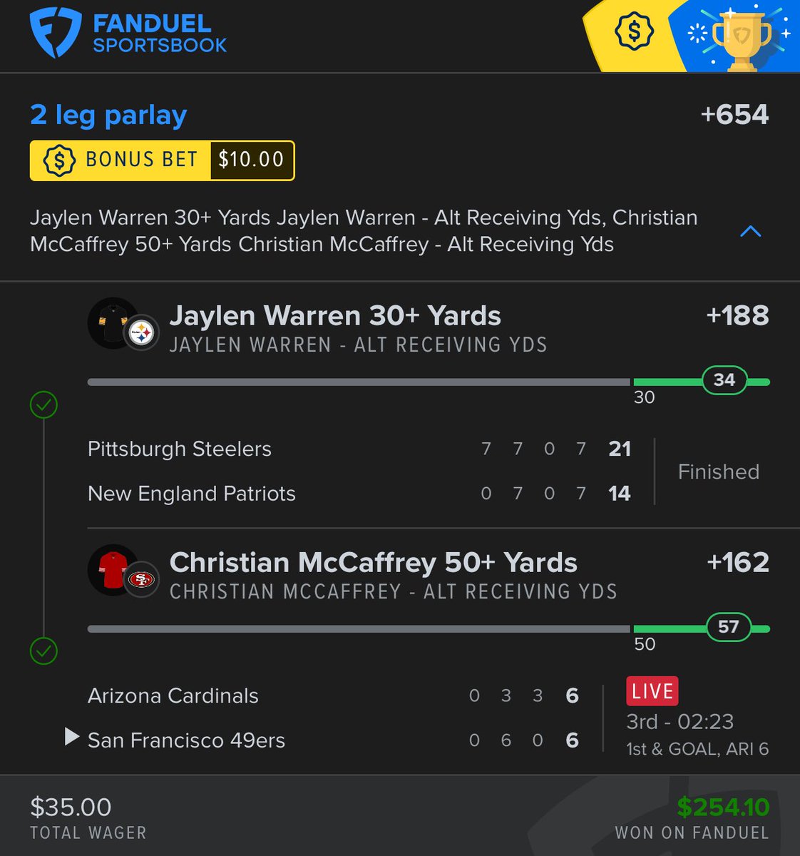 Profitable Sunday 

Nico 100 receiving  (+300) ✅
AJB 100 receiving (+375) ✅
Warren / CMC 50/30 receiving (+654) 🎯 

No SNF from me

Love tomorrows game tho 🎱

whop.com/house-of-stimm…