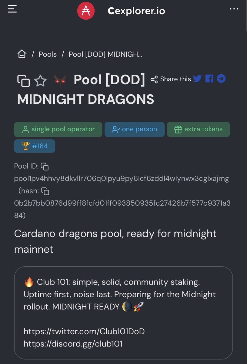 #Club101 #MidnightDragons are off to a Fiery start!🔥🐲
• We minted our first $ADA block!
• Staking rewards dropped!
• Our node has jumped major ranks in the pool, soaring from rank 254 to 164!!🥳
• 0 fees. Min 170 commission!
• Ticker = DoD
Join us @ Discord.gg/Club101