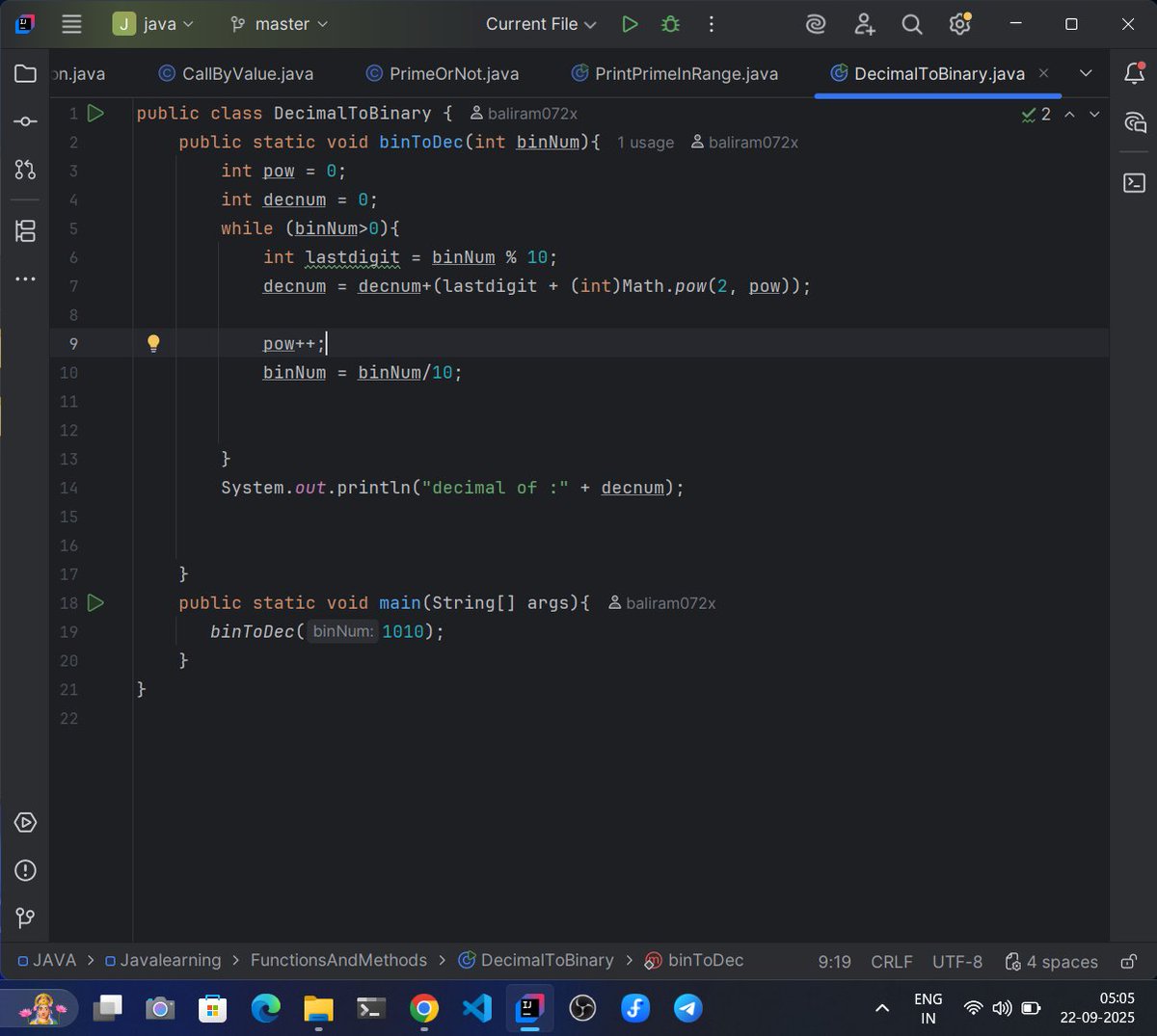 baliram_072x's tweet photo. 💻 Today’s grind in Java DSA:

🔢 Identified prime numbers efficiently
🔄 Converted decimal → binary
⚡ Practiced function overloading
✖️ Implemented product functions
🧮 Solved binomial coefficient
🔍 Explored primes in ranges

And many more problem-solve
#Java #DSA #ProblemSol https://t.co/JFWh8mYGGg