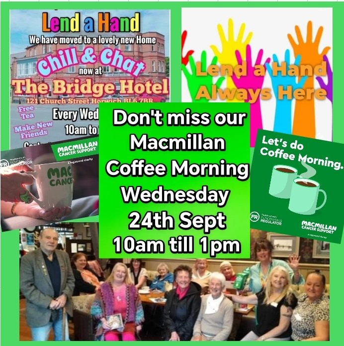 It's our Annual <a href="/macmillancancer/">Macmillan Cancer Support</a> Coffee Morning on Wednesday 24th Sept at The Bridge Hotel Horwich. ...Please come along and join us for a Cuppa and Cake from 10am till 1pm... See you There 😁 💚