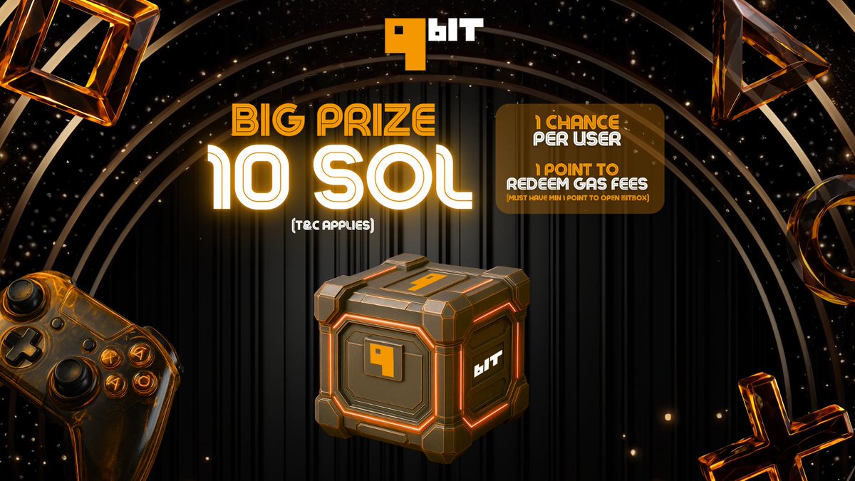 official_9bit's tweet image. Bitbox is finally LIVE!!!
OGs, fans, new fam — everyone gets a shot at the ultimate prize: 10 SOL! 💰
Here’s how simple it is:
- Spend just 1 point
- Redeem your gas fees 
- Crack open your Bitbox!! 

Don’t sleep on this. Your one chance at 10 SOL starts NOW! 🚀