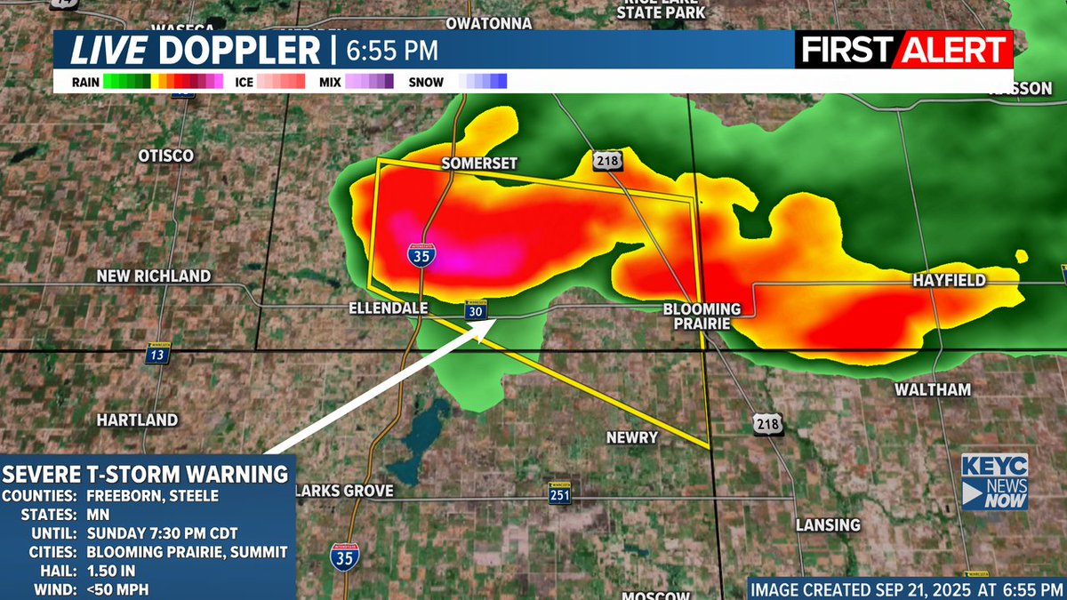 KEYCWeather's tweet image. ALERT: Severe Thunderstorm Warning for the following counties: Steele, Freeborn until 9/21 7:30PM