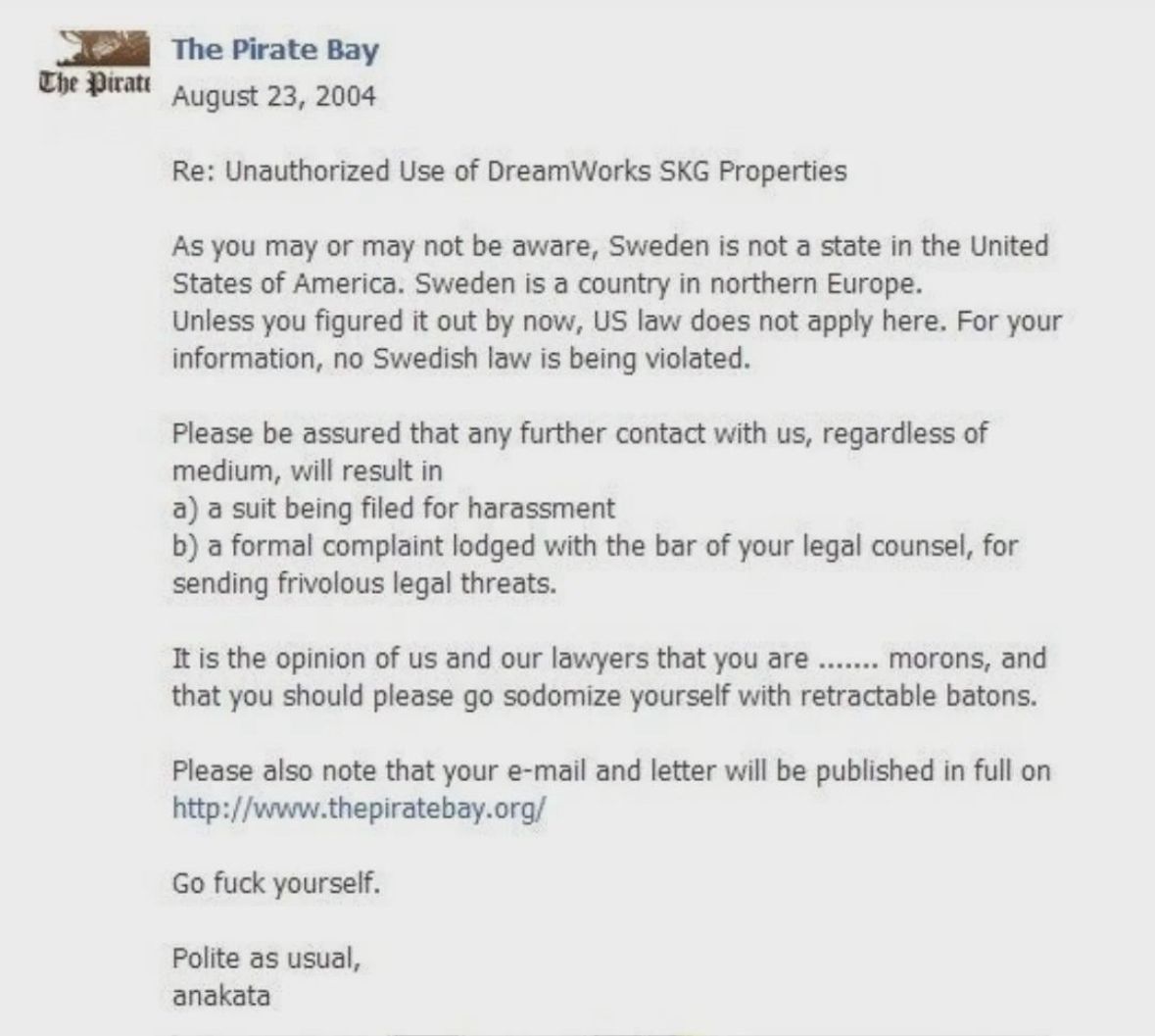 fasc1nate's tweet image. Pirate Bay responds to legal threats from DreamWorks