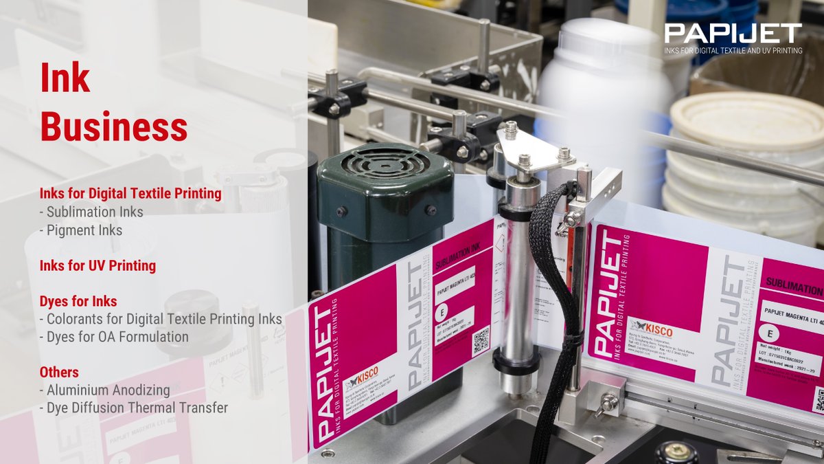 PapijetInks's tweet photo. KISCO is the only ink manufacturer in Korea that also produces its own raw materials. We use these in our PAPIJET range of inks for UV and Digital Textile Printing. https://t.co/B7YViokIDW