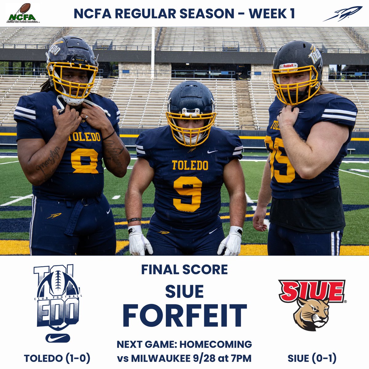 SIUE forfeits due to low numbers so your Rockets are 1-0 from forfeit win &amp; will kickoff the season proper next Sunday 9/28 @ 7pm against Milwaukee in the Glass Bowl on Homecoming Weekend!

See YOU at the Game!