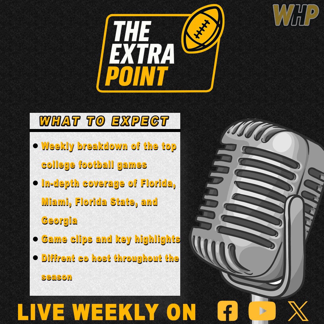 WheresHomePod's tweet image. 🚨 NEW SHOW ALERT 🚨
WHP is leveling up! Introducing The Extra Point 🏈 with Gaige Denby + different co-hosts throughout the season. Breaking down the biggest games &amp;amp; highlights in college football — every Wednesday! #whereshome #whp #TheExtraPoint #collegefootball