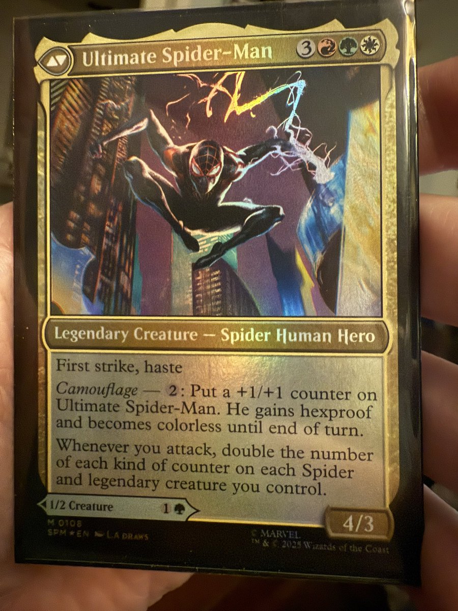 Had a good time at Spider-Man pre release and got Miles/Ultimate Spider-Man as my promo.

Built a really sweet GW deck with a small red splash that did pretty well.

2-2 record lost to a crazy 2x Eddie Brock/Venom deck and a Green Goblin.

Was more fun than expected 🕷️