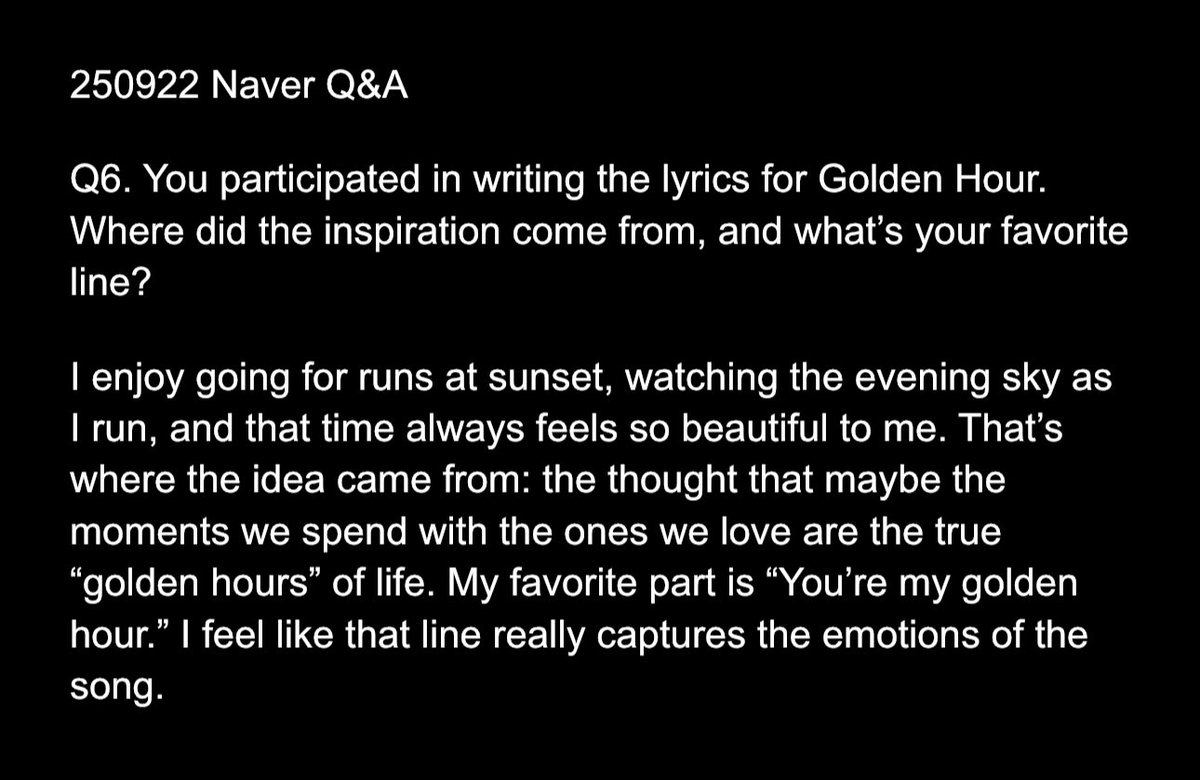SUHOpixel's tweet photo. 250922 Naver 

🐰: “I enjoy going for runs at sunset, watching the evening sky as I run, and that time always feels so beautiful to me. That’s where the idea came from: the thought that maybe the moments we spend with the ones we love are the true “golden hours” of life” https://t.co/978aAlWeOg