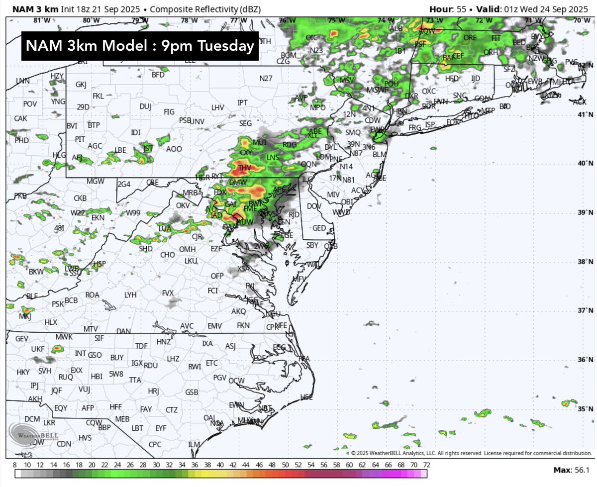 Active Upcoming Week of Weather: 
(1) Dry on Monday (partly to mostly sunny)
(2) Showers &amp; Storms Possible Tuesday Afternoon/Eve (better chance west of I-95)
(3) Low pressure brings increased risk for rain Wednesday eve into Saturday  (NBM suggests 2-3" of rain)
Stay tuned! #MdWx