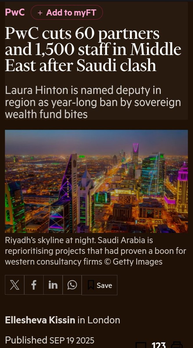 DrHuzam's tweet image. شركة برايس ووترهاوس كوبرز  #PwC تُسرّح 60 شريكًا و1500 موظف في الشرق الأوسط بعد خلافها مع #صندوق_الاستثمارات_العامة السعودي. حيث تعيد المملكة العربية #السعودية ترتيب أولويات مشاريع كانت تُمثّل رافدةً لشركات #الاستشارات الغربية.
x.com/DrHuzam/status… 
وفصلت شركة برايس ووترهاوس…