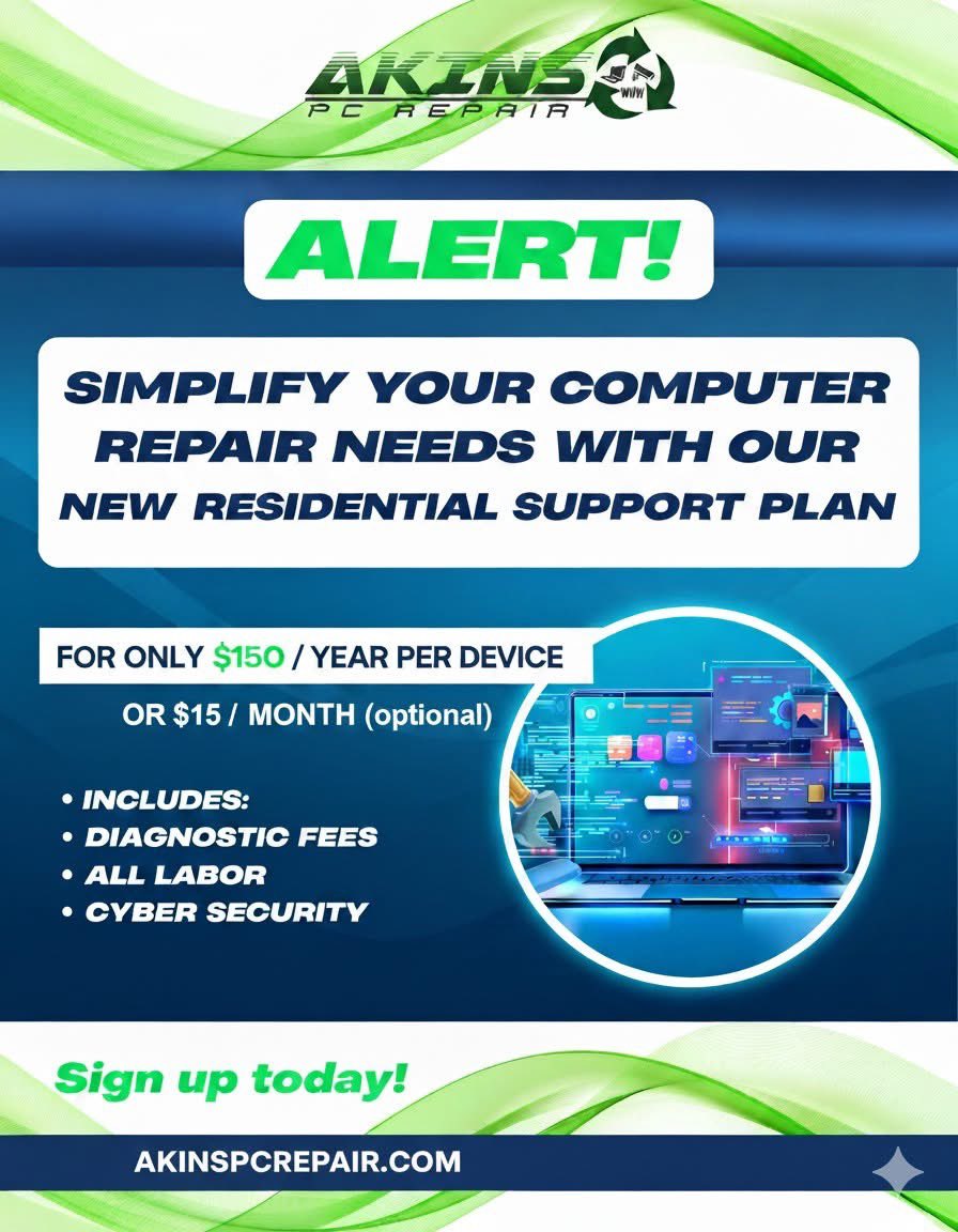 Akinspcrepair's tweet photo. We’re battling high computer repair costs. Our residential support plan covers all of your labor and cyber security. https://t.co/NuCGG0DD9S