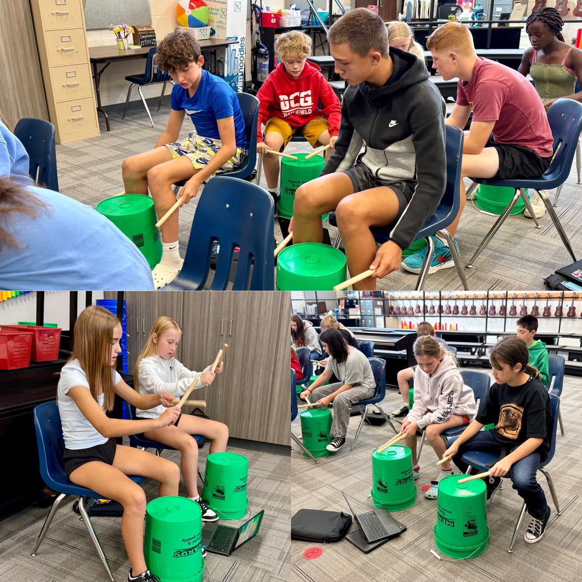 DCGMSMusic's tweet photo. Four weeks of the school year complete. Here’s a glimpse into the last few weeks! Lots of progress. Lots of music making. Lots of buckets! https://t.co/6UZqrvtK27