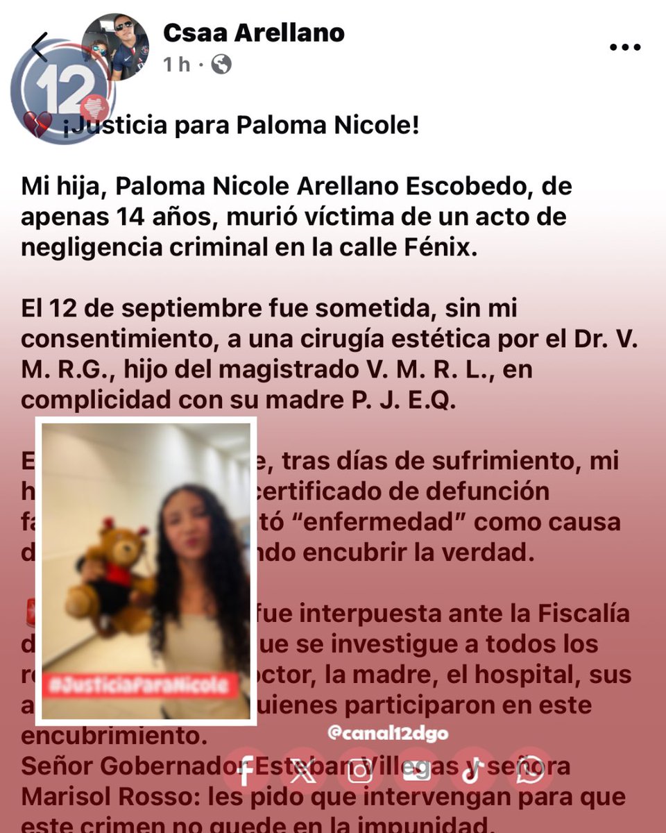 ⚖️ El padre de Paloma Nicole (14 años) denunció públicamente un presunto caso de negligencia médica en una clínica de Durango. La denuncia ya fue presentada ante la Fiscalía. Exigen justicia.

#JusticiaParaPalomaNicole #Durango