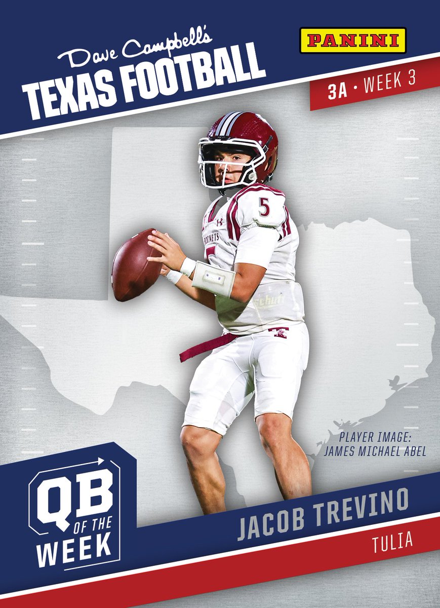Looking back at Week 3, here's our 3A Quarterback of the Week presented by <a href="/PaniniAmerica/">Panini America</a>: Jacob Trevino from the Tulia Hornets!

<a href="/TuliaHornets/">TULIAFOOTBALL</a> | <a href="/TuliaISD/">Tulia ISD</a> | <a href="/CoachDeuceTre/">Fred Jordan</a> | #dctf #txhsfb #whodoyoucollect 

📸: James Michael Abel