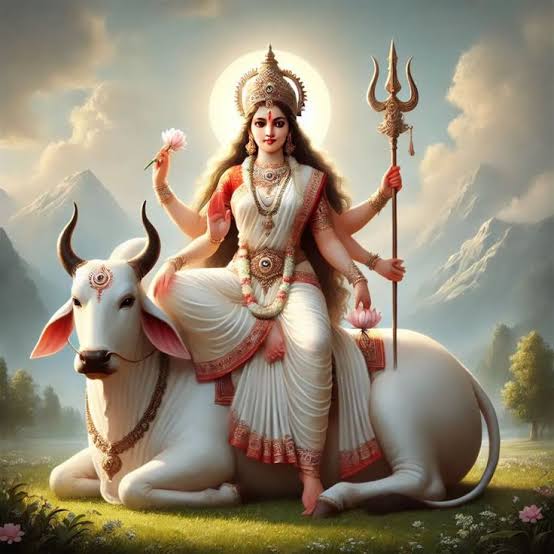 Shailaputri, a form of Goddess Durga, seated on a white bull. She holds a trident in one hand and a lotus flower in another, wearing a white sari with red and gold accents. A crescent moon adorns her crown, and she is set against a backdrop of mountains and clouds.