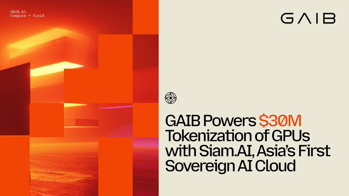 gaib_ai's tweet photo. Today we announce a $30 million GPU tokenization partnership with Siam AI, one of Thailand’s leading AI data center operators!

This partnership is our first GPU tokenization deal and we’re extremely excited to bring it to live.

The financing will enable Siam AI to expand its GPU infrastructure to support its scaling operations, while starting the GPU tokenization deal flow for the GAIB ecosystem.

Who is Siam

Siam AI Cloud is a next-generation cloud provider powering enterprise-scale GPU workloads across Southeast Asia. Optimized for AI/ML, VFX rendering, and compute-intensive tasks, Siam’s infrastructure is up to 35x faster and 80% more cost-effective than traditional cloud providers.

GAIB and Siam

AI demand is accelerating, but the infrastructure needed to support it faces significant capital bottlenecks. 

Traditional banks and private credit are too slow, rigid, and costly for fast-growing data centers, preventing them from scaling at the pace of innovation.

GAIB solves this by transforming GPUs into tokenized assets that can be financed rapidly through decentralized markets. 

These assets stay liquid as synthetic dollars and yield-bearing instruments (stablecoins) while offering yield to investors.

At $30 million, this marks the largest GPU tokenization deal in Asia to date, underscoring GAIB’s leadership in bridging the gap between AI infrastructure and crypto-native capital formation.

Stay tuned for more exciting updates as we bring the AI Infra economy onchain!