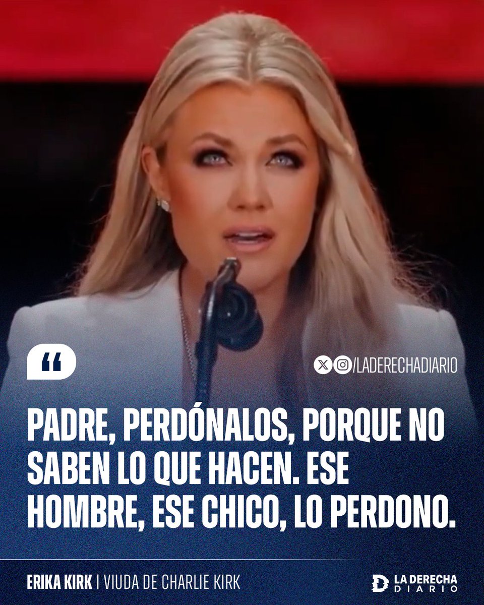 🚨🇺🇸 | En un fuerte gesto de valores cristianos, Erika Kirk perdonó al asesino de su esposo Charlie Kirk: "Padre, perdonalos, porque no saben lo que hacen. Ese hombre... Ese chico... Lo perdono".