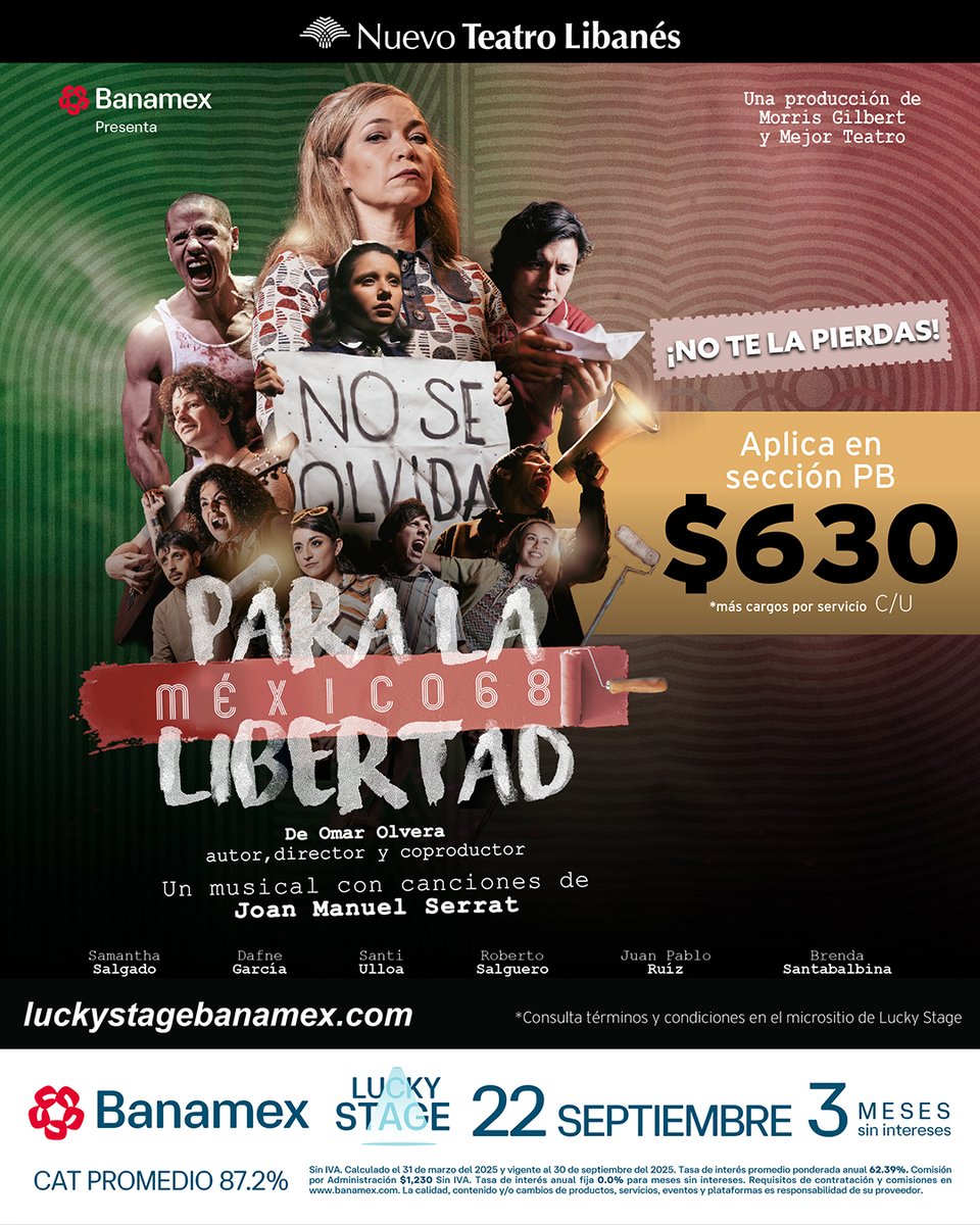 Para La Libertad. México 68 (@plalibertadmx) on Twitter photo Aprovecha este lunes los beneficios que <a href="/banamex/">Banamex</a> tiene para ti y no te pierdas en octubre de #ParaLaLibertad: México 68, un musical que te conmoverá. ¡No faltes!
🍀 Lunes de #LuckyStage
🤍 #ExperienciasBanamex
✅ Boletos a $630.00 c/u
🎟️ bit.ly/LuckyStagePLLL… Aprovecha este lunes los beneficios que <a href="/banamex/">Banamex</a> tiene para ti y no te pierdas en octubre de #ParaLaLibertad: México 68, un musical que te conmoverá. ¡No faltes!
🍀 Lunes de #LuckyStage
🤍 #ExperienciasBanamex
✅ Boletos a $630.00 c/u
🎟️ bit.ly/LuckyStagePLLL…