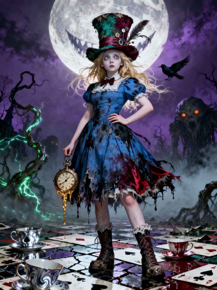PromptSin's tweet image. When life's a Wonderland gone dark—are you ready to brew some chaos? 🕰️✨ #MadHatterVibes #HalloweenReady