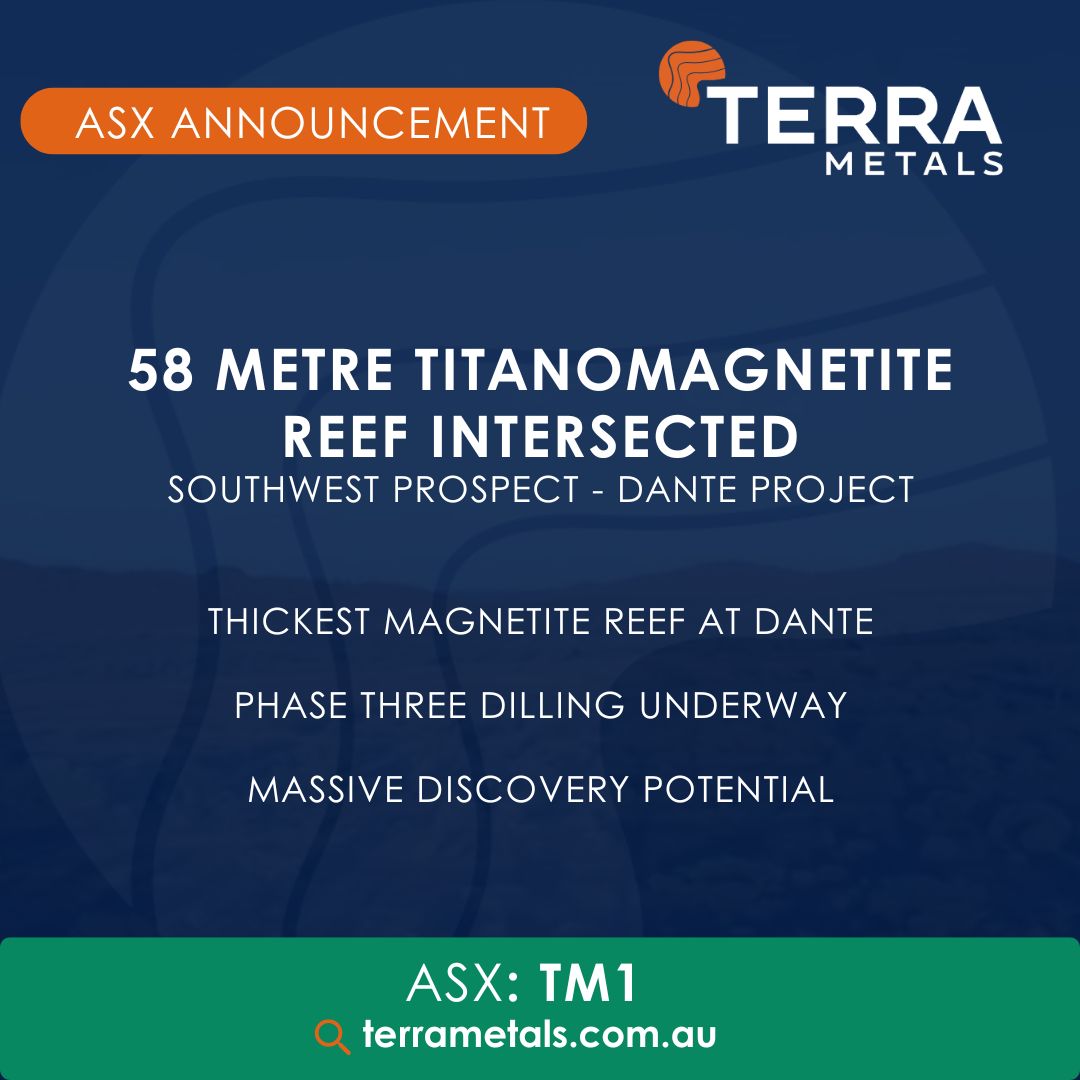Terra_Metals's tweet photo. 🚀 58m Reef Intersected!
Terra Metals hits the thickest titanomagnetite reef to date at the Dante Project’s Southwest Prospect. Phase 3 drilling underway with huge growth potential.
https://t.co/V6XV1IfMaC
#TM1 #TerraMetals #DanteProject #Mining #Exploration https://t.co/CAiVCNn8B0