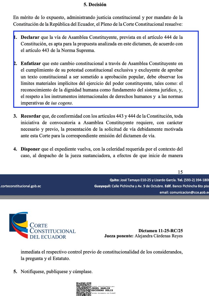 🟥ATENCIÓN🟥

La Corte Constitucional emitió "dictamen de vía", es decir, que la vía de Asamblea Constituyente es "apta" para analizar la propuesta del presidente Daniel Noboa.

Pero, OJO: la Corte NO ha avalado aún la consulta. Este es apenas el primer paso.

¿Qué significa?⬇️