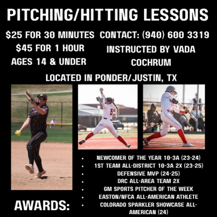 V_Cochrum29's tweet photo. Pitching &amp; Hitting Lessons! 
If y’all know any kiddos or teams wanting some lessons, please let me know! Ask around and spread the word! https://t.co/VyamsR6JtM
