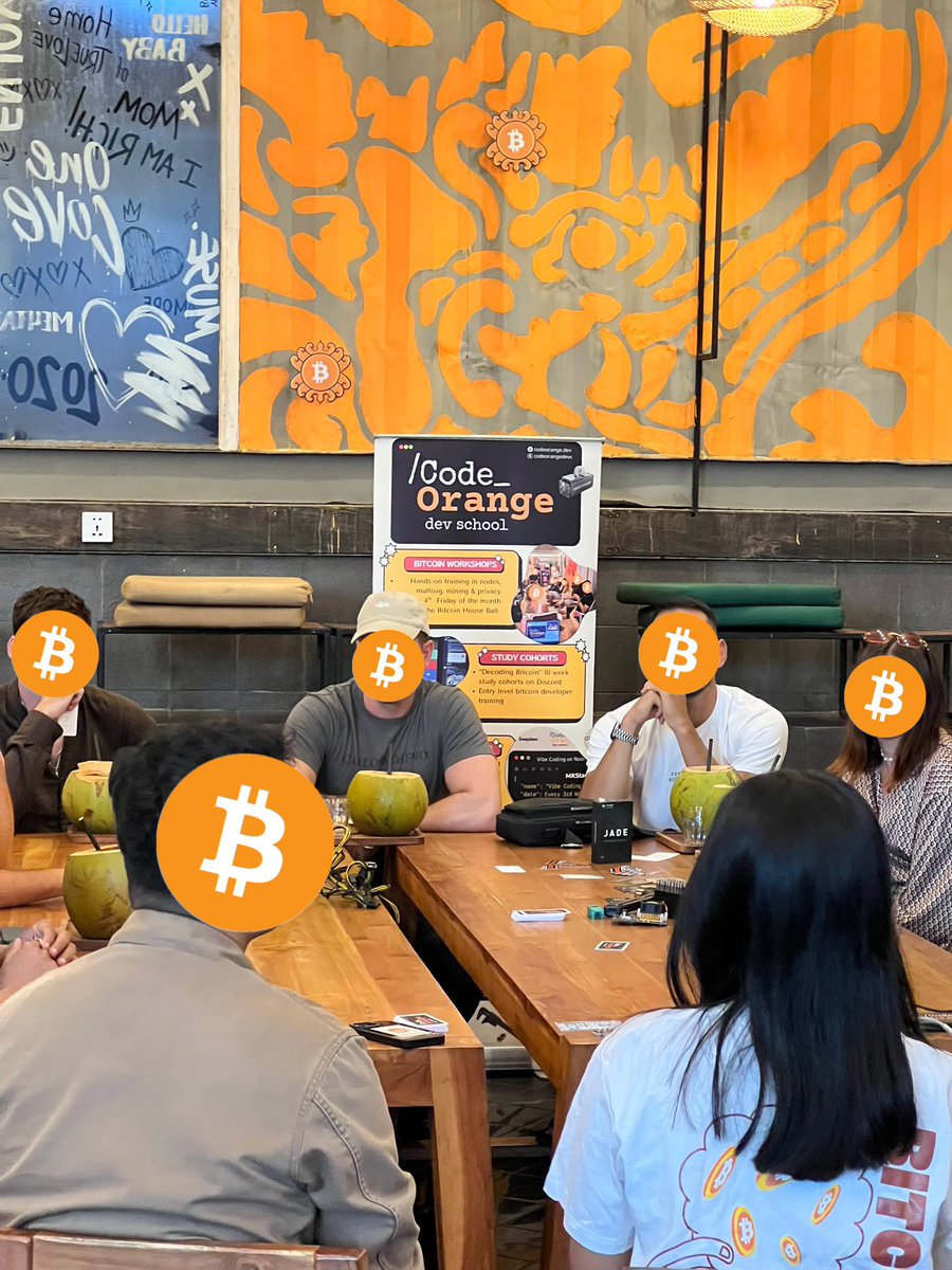 CodeOrangeDevs's tweet image. Another solid meetup at the @btchousebali where we learned about:

💻Nodes
⚡️Mining
⛓️‍💥Privacy

Next workshop on Friday 26th September 5pm.