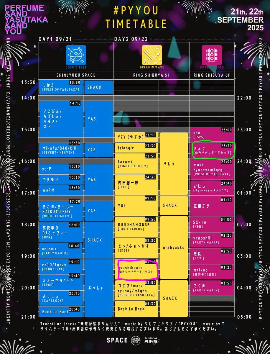 いよいよPerfume東京ドームライブ、そして #pyyou DAY2当日となりました。#仙シャン チームは5名体制で参加いたします。
長く続けてきたライブアフターイベントという文化が今日で終わるという事が信じられません。
当日券も出ますので、粒しかいない空間で、最後にみんなで大はしゃぎしましょう！！🎶